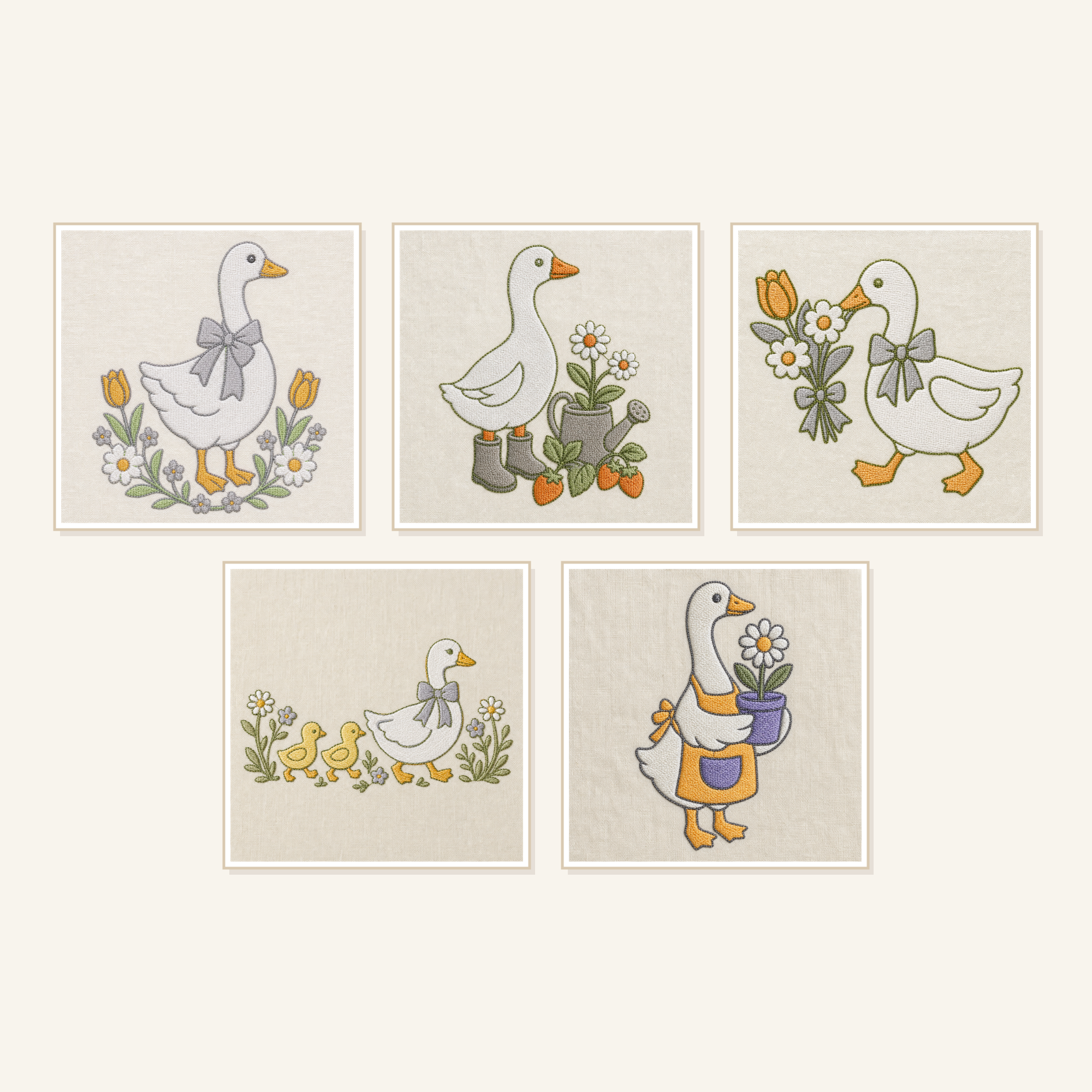 Goose Garden machine embroidery bundle showing all five included designs