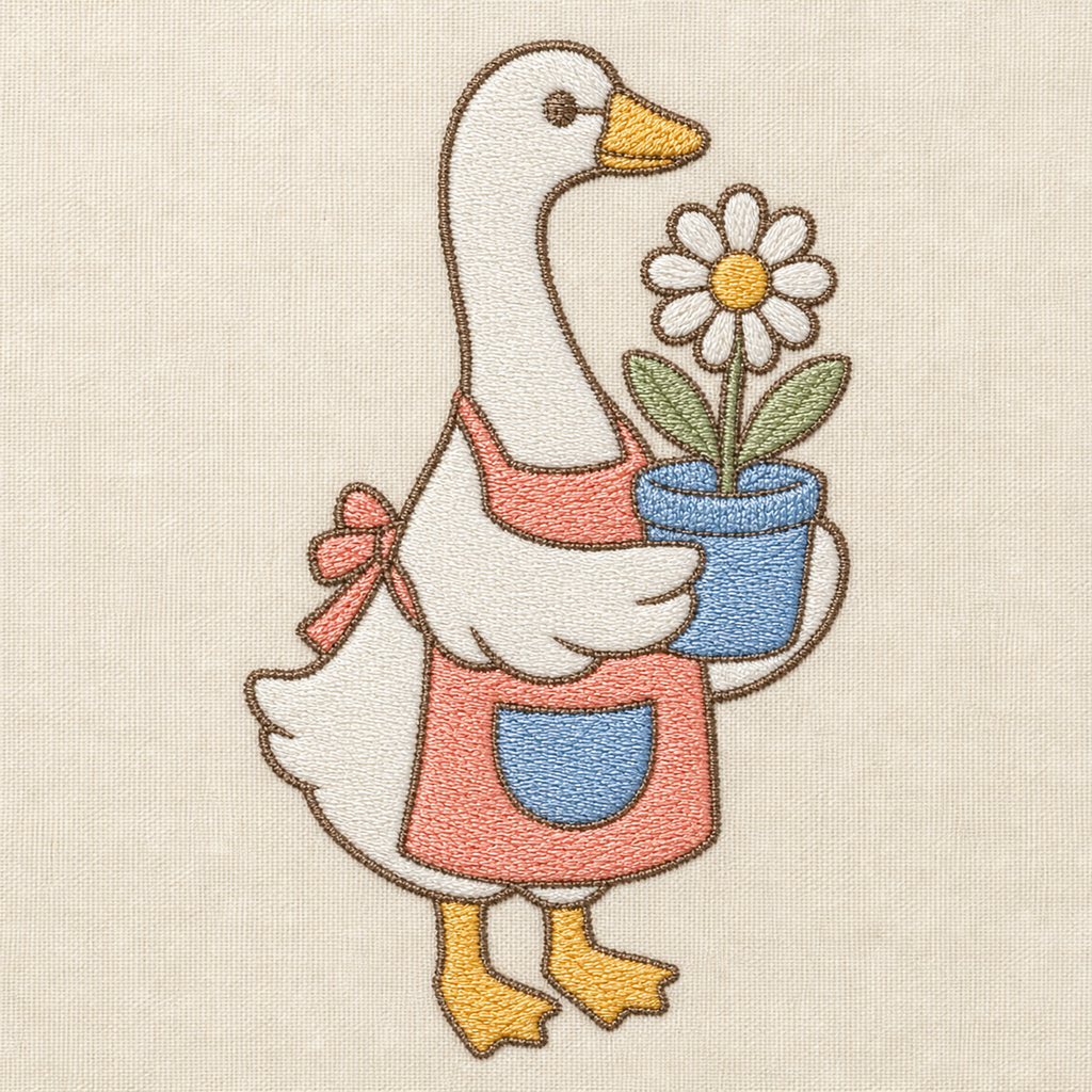 Goose Garden Potted Daisy Machine Embroidery Design, Instant Download embroidery close-up