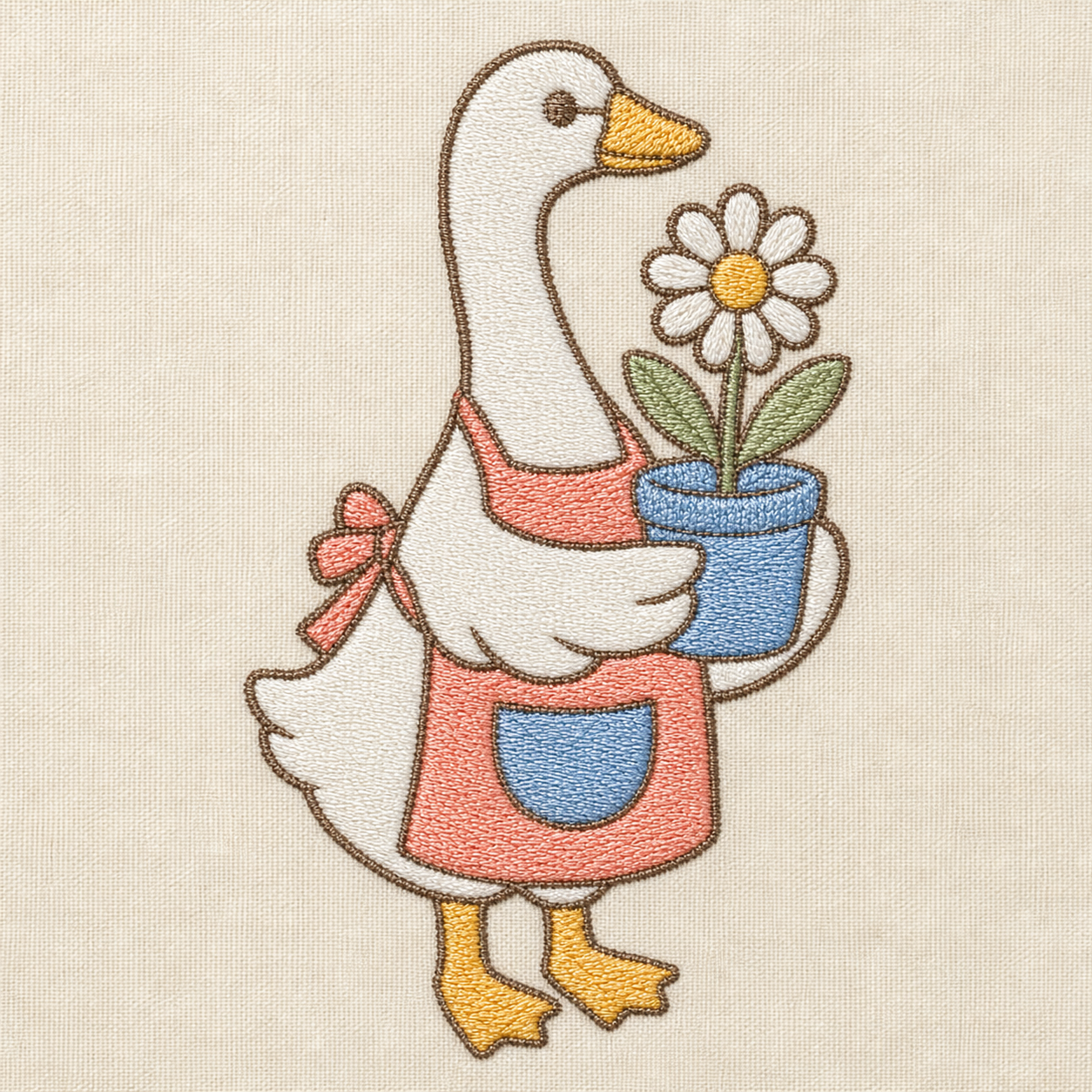 Goose Garden Potted Daisy Machine Embroidery Design, Instant Download embroidery close-up