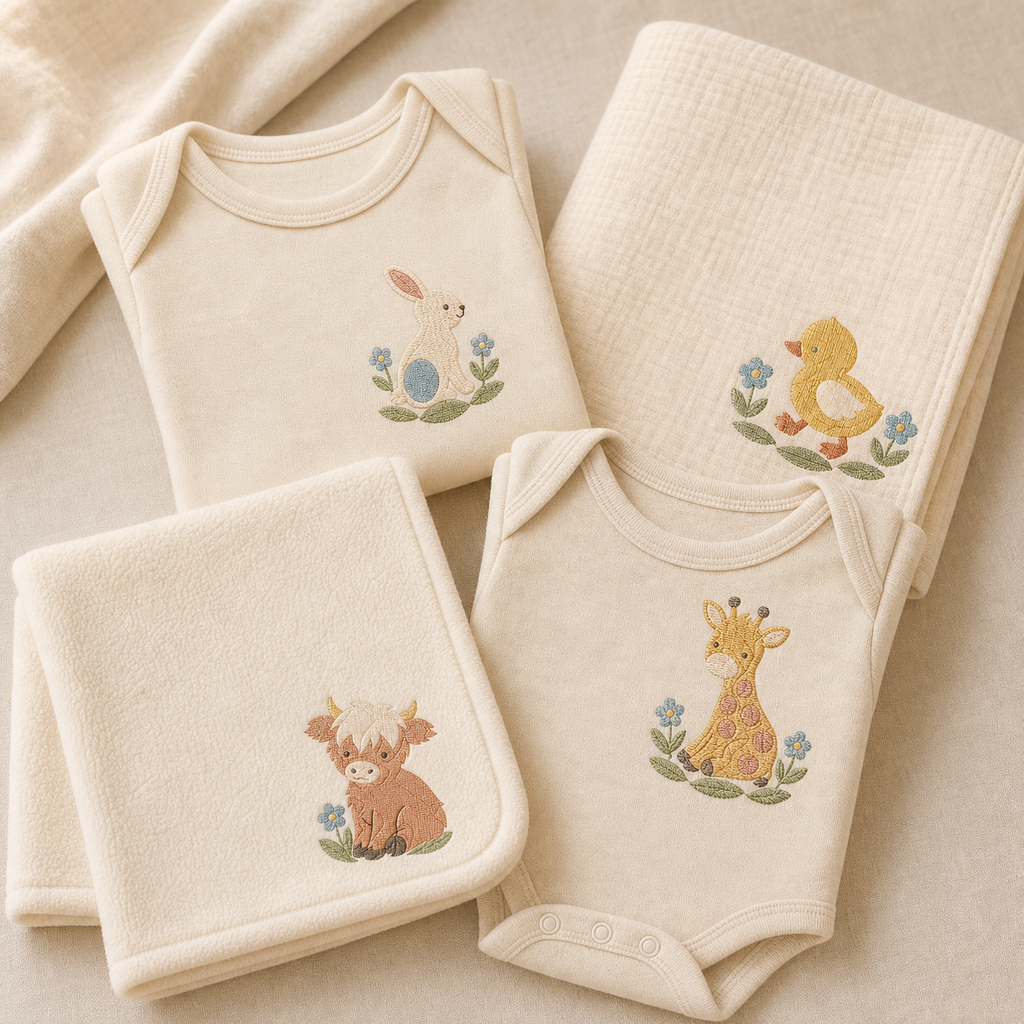Meadow Baby bundle designs featuring bunny, duckling, giraffe and Highland calf machine embroidery mockups