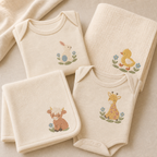 Meadow Baby bundle designs featuring bunny, duckling, giraffe and Highland calf machine embroidery mockups