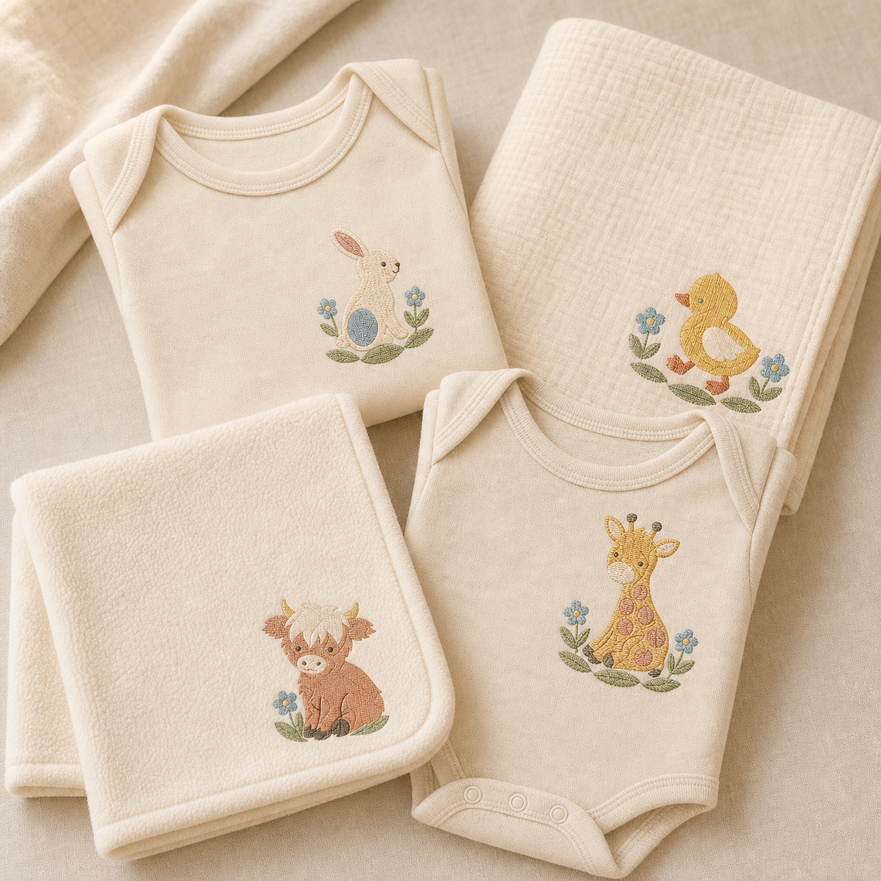 Meadow Baby bundle designs featuring bunny, duckling, giraffe and Highland calf machine embroidery mockups