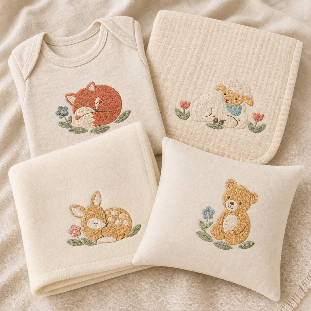 Meadow Baby bundle designs featuring lamb, sleeping fawn, sleeping fox and teddy bear machine embroidery mockups