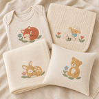 Meadow Baby bundle designs featuring lamb, sleeping fawn, sleeping fox and teddy bear machine embroidery mockups