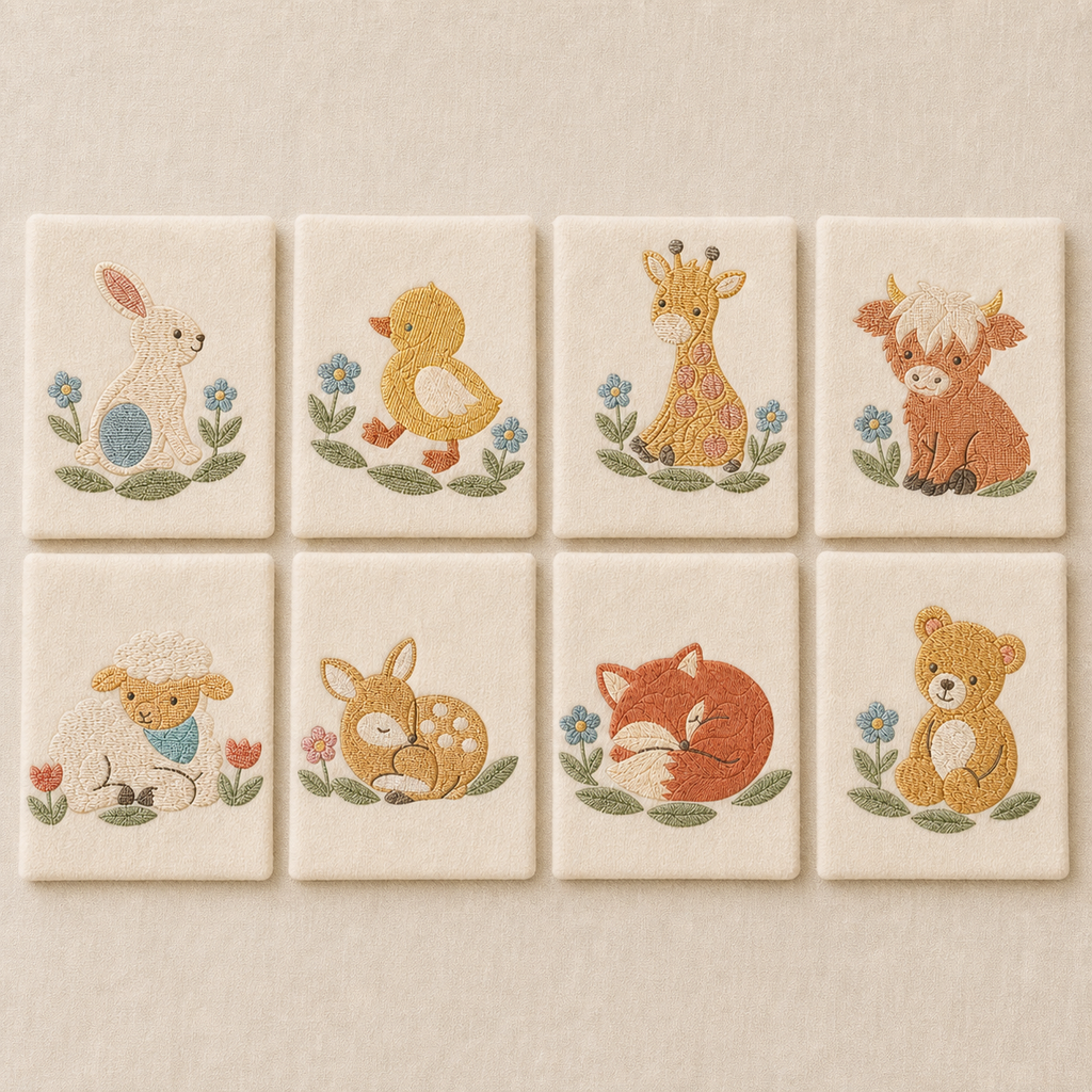 All eight Meadow Baby machine embroidery designs shown together on individual cream fabric swatches