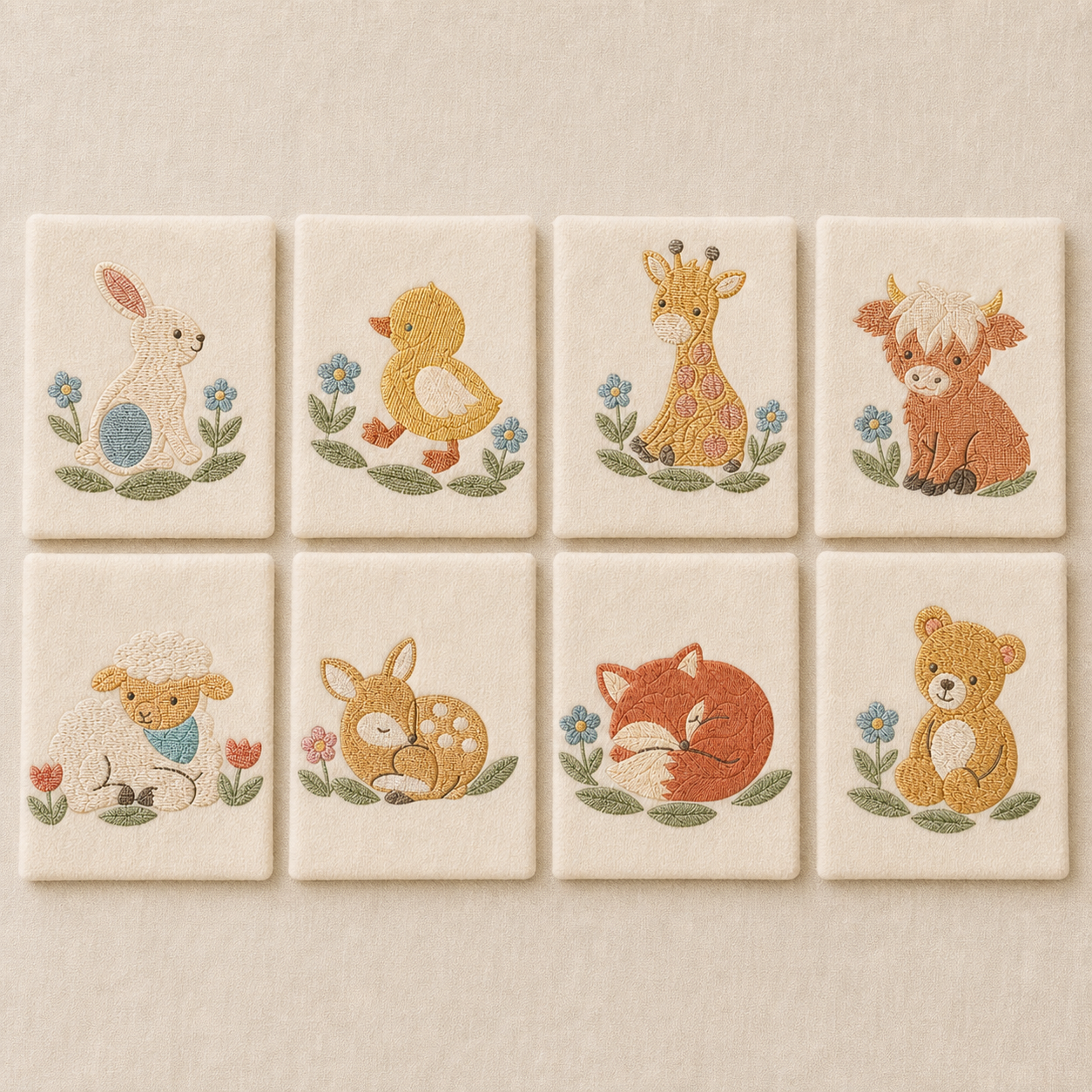 All eight Meadow Baby machine embroidery designs shown together on individual cream fabric swatches