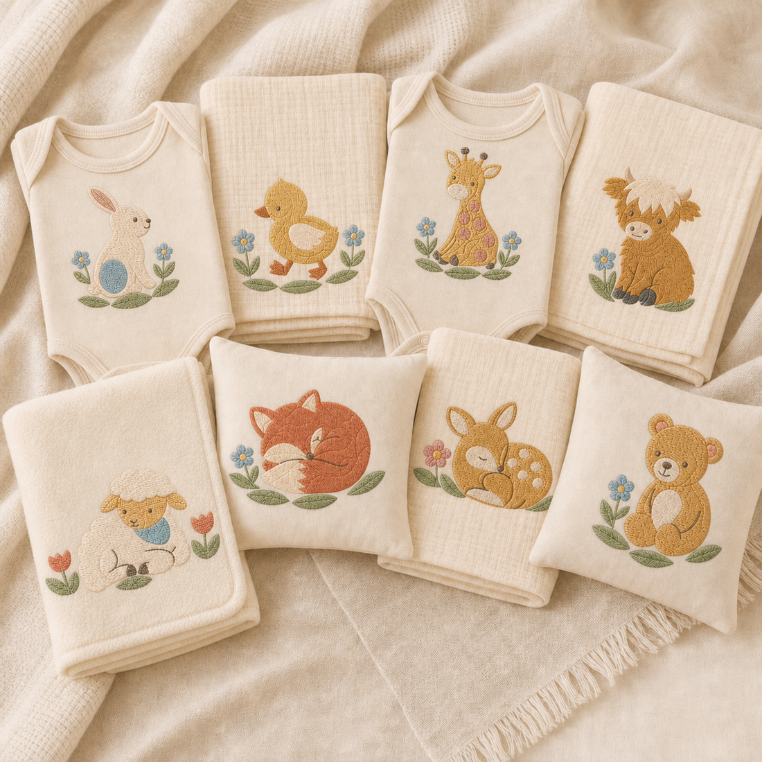 Meadow Baby machine embroidery design bundle showing all eight baby animal designs on cream nursery textiles