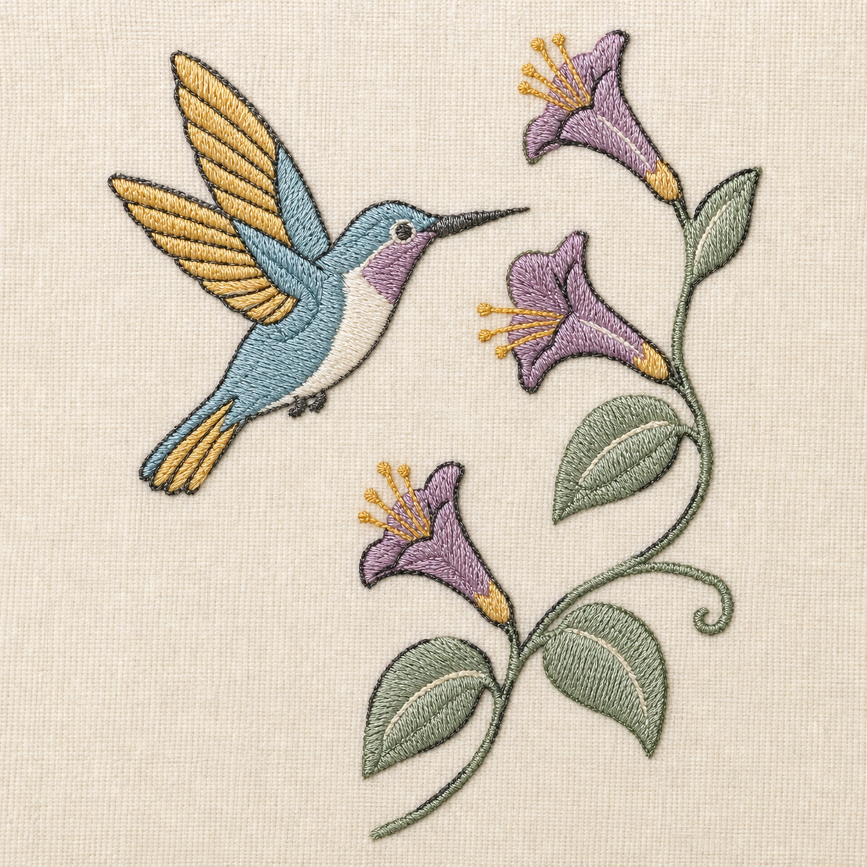 Tiny Field Guide Hummingbird and Honeysuckle Machine Embroidery Design, Instant Download embroidery close-up
