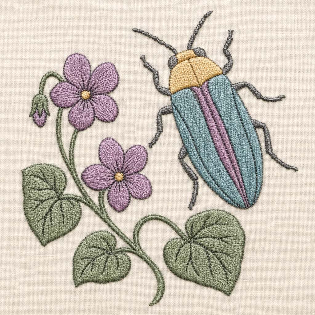 Tiny Field Guide Jewel Beetle and Woodland Violet Machine Embroidery Design, Instant Download embroidery close-up