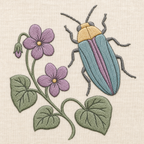 Tiny Field Guide Jewel Beetle and Woodland Violet Machine Embroidery Design, Instant Download embroidery close-up
