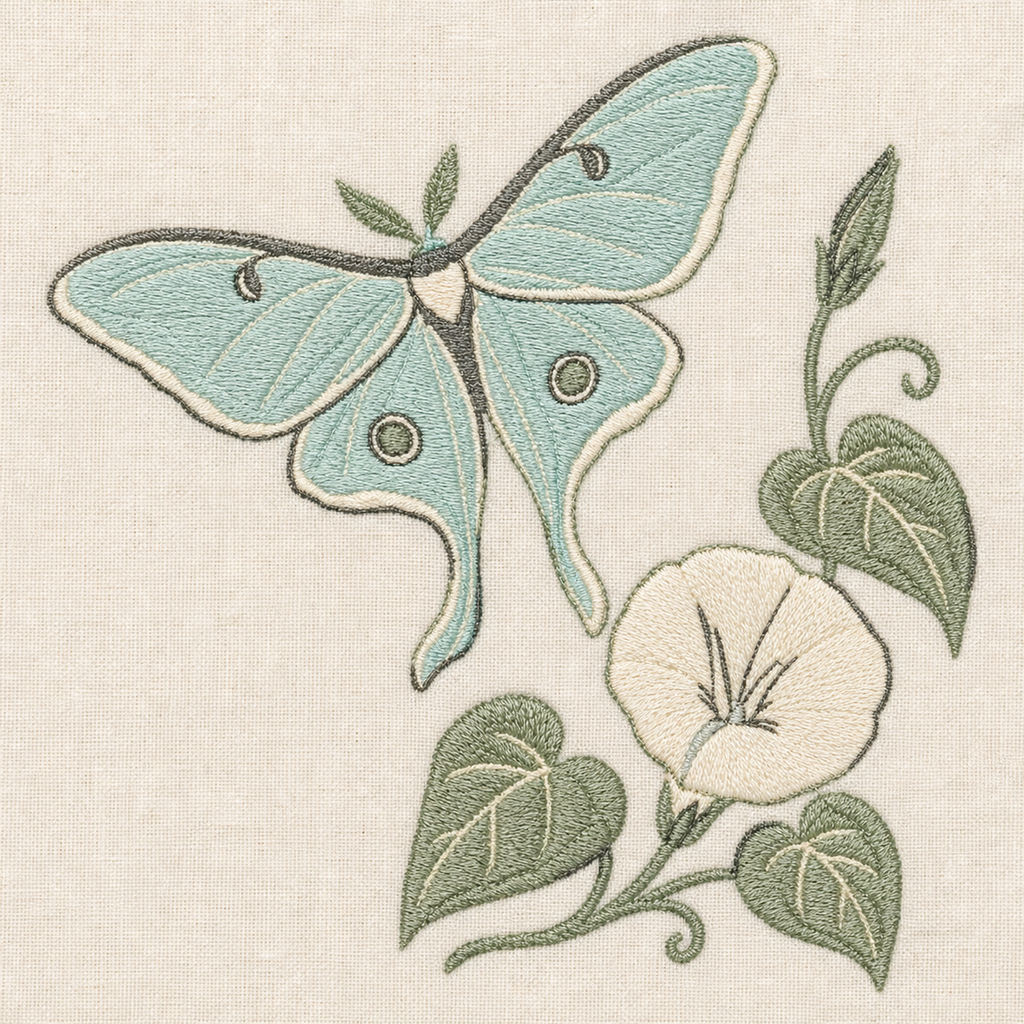 Tiny Field Guide Luna Moth and Moonflower Machine Embroidery Design, Instant Download embroidery close-up
