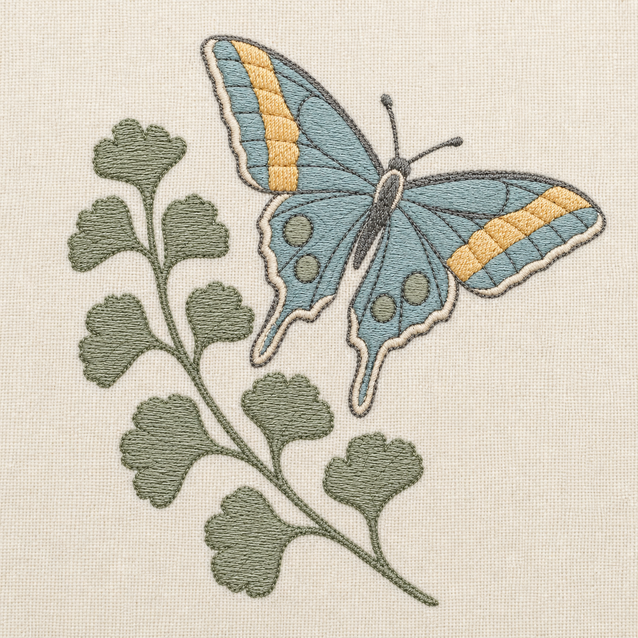 Tiny Field Guide Swallowtail and Maidenhair Fern Machine Embroidery Design, Instant Download embroidery close-up
