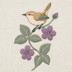 Tiny Field Guide Wren and Blackberry Blossom Machine Embroidery Design, Instant Download embroidery close-up
