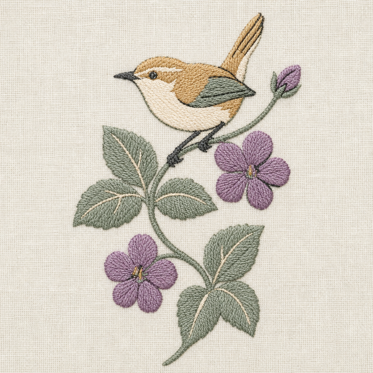 Tiny Field Guide Wren and Blackberry Blossom Machine Embroidery Design, Instant Download embroidery close-up