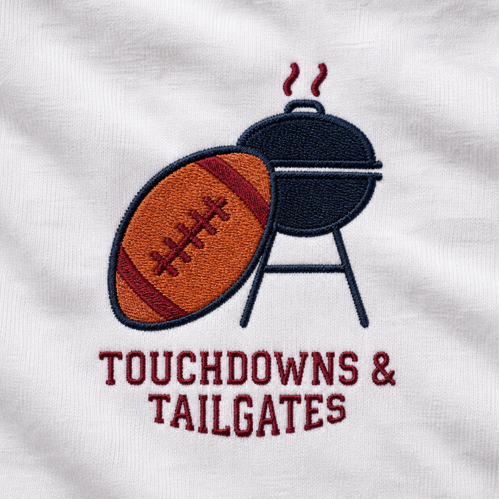 Touchdowns and Tailgates white shirt embroidery closeup