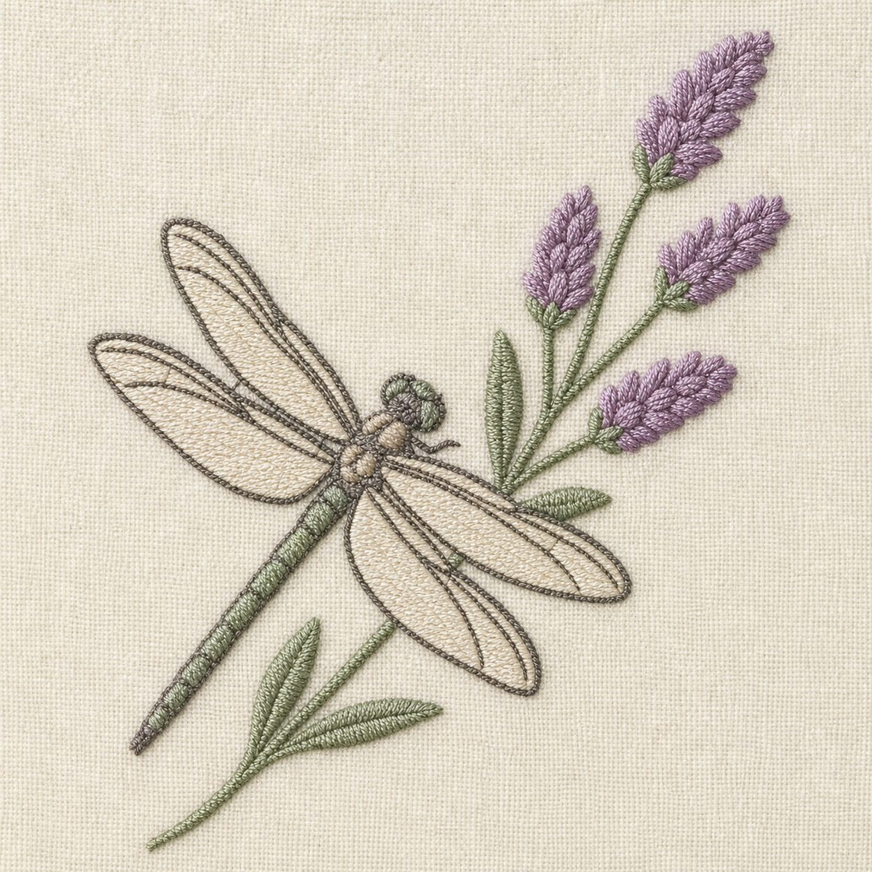 Tiny Field Guide Dragonfly and Lavender embroidery design close-up